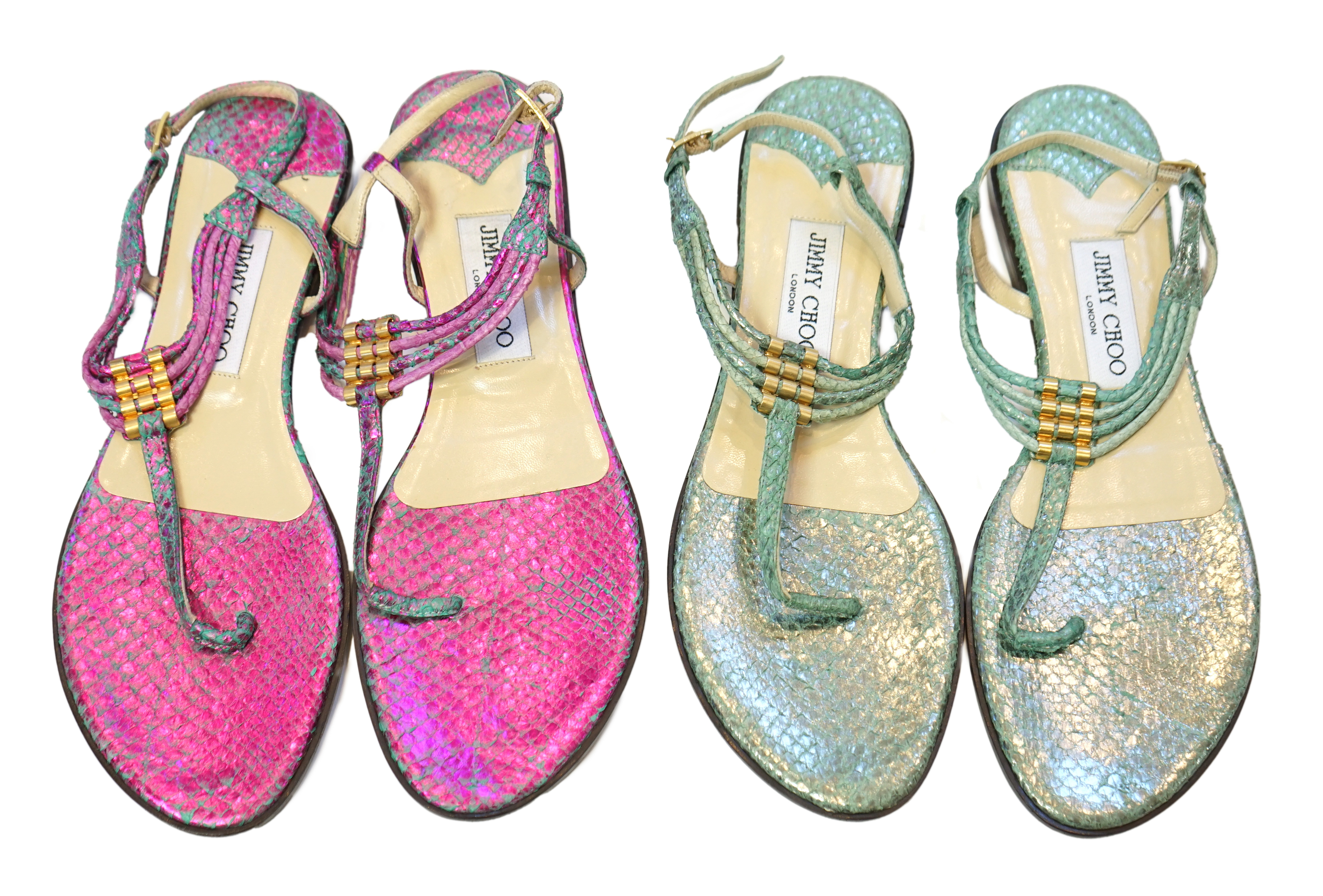 Two pairs of Jimmy Choo lady's metallic snake skin sandals, size EU 39